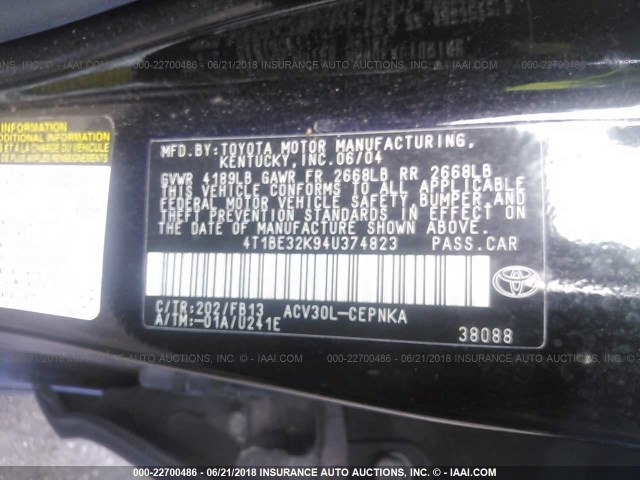 4T1BE32K94U374823 - 2004 TOYOTA CAMRY LE/XLE/SE შავი ფოტო 9