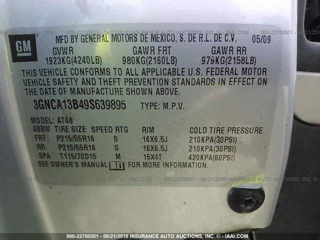 3GNCA13B49S639895 - 2009 CHEVROLET HHR LS SILVER photo 9