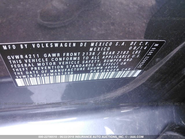 3VW2K7AJ8FM351390 - 2015 VOLKSWAGEN JETTA S 灰色 照片 9