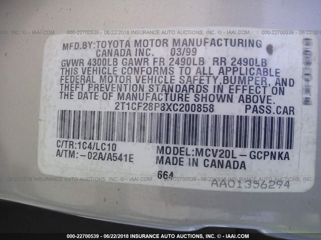 2T1CF28P8XC200858 - 1999 TOYOTA CAMRY SOLARA SE/SLE ვერცხლისფერი ფოტო 9