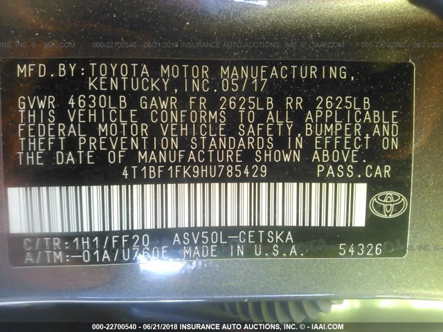 4T1BF1FK9HU785429 - 2017 TOYOTA CAMRY LE/XLE/SE/XSE 灰色 照片 9