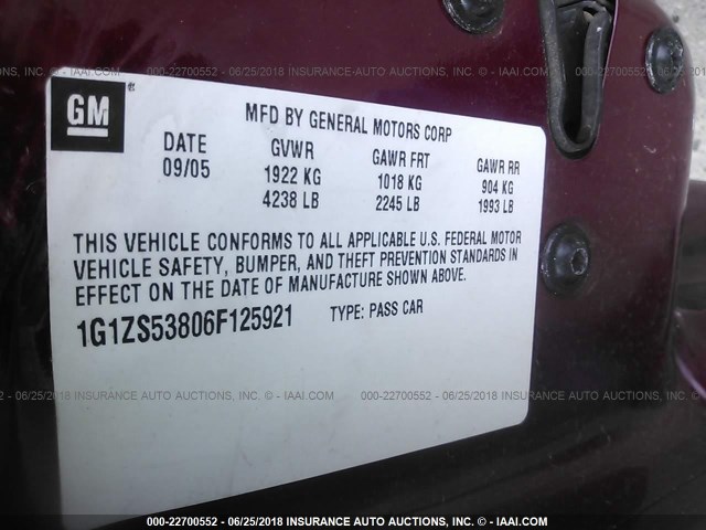 1G1ZS53806F125921 - 2006 CHEVROLET MALIBU LS RED photo 9