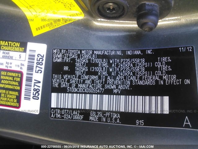 5TDDK3DCXDS055477 - 2013 TOYOTA SIENNA XLE/LIMITED GRAY photo 9