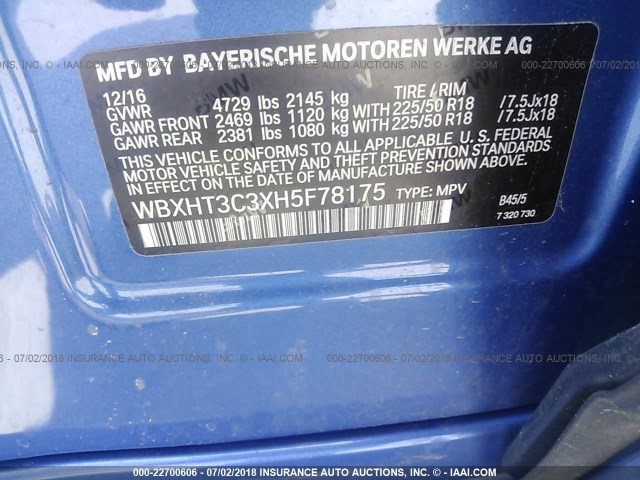 WBXHT3C3XH5F78175 - 2017 BMW X1 XDRIVE28I BLUE photo 9