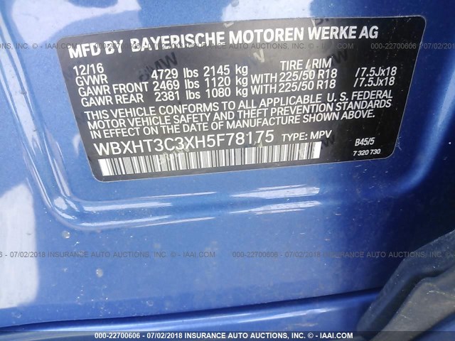 WBXHT3C3XH5F78175 - 2017 BMW X1 XDRIVE28I BLUE photo 9