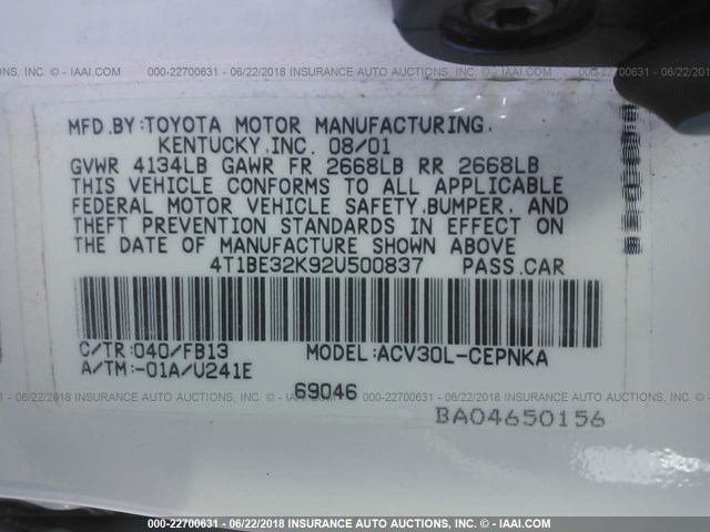 4T1BE32K92U500837 - 2002 TOYOTA CAMRY LE/XLE/SE 白色 照片 9