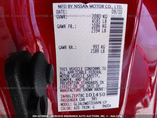 1N4BL2EP7BC101450 - 2011 NISSAN ALTIMA SR RED photo 9