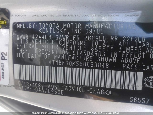 4T1BE30K56U663848 - 2006 TOYOTA CAMRY LE/XLE/SE ნაცრისფერი ფოტო 9