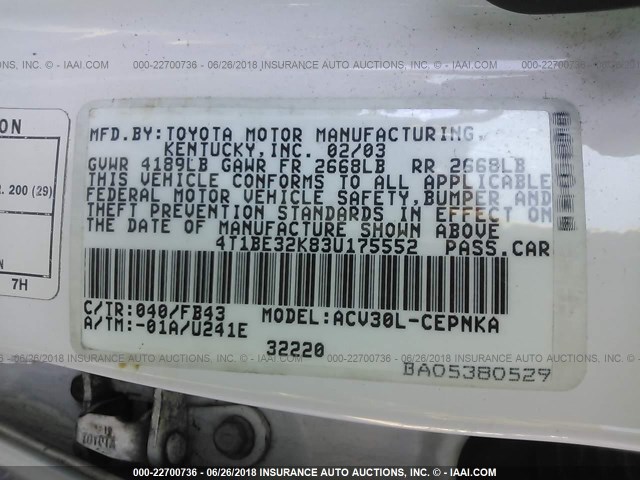 4T1BE32K834175552 - 2003 TOYOTA CAMRY LE/XLE/SE Ağ foto 9