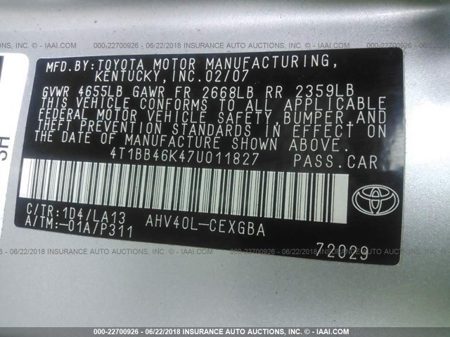 4T1BB46K47U011827 - 2007 TOYOTA CAMRY NEW GENERAT HYBRID SILVER photo 9