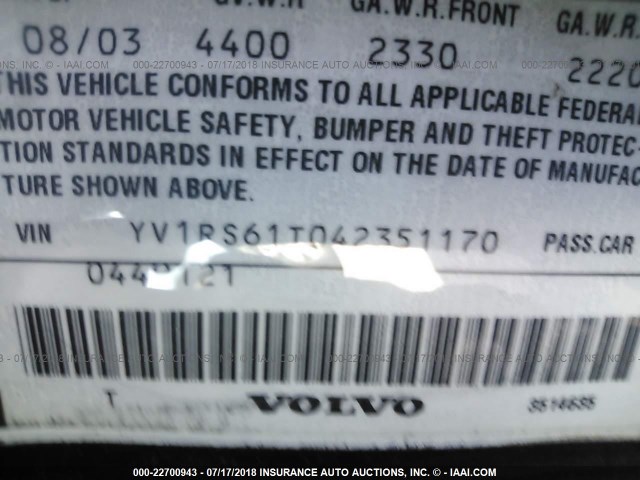 YV1RS61T042351170 - 2004 VOLVO S60 Чорний фото 9