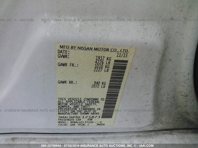 1N4AL3AP3GC125873 - 2016 NISSAN ALTIMA 2.5/S/SV/SL/SR WHITE photo 9