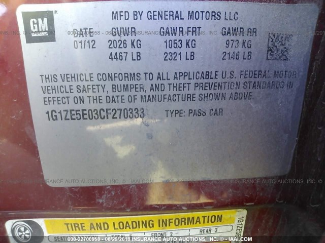 1G1ZE5E03CF270333 - 2012 CHEVROLET MALIBU LTZ 红色 照片 9