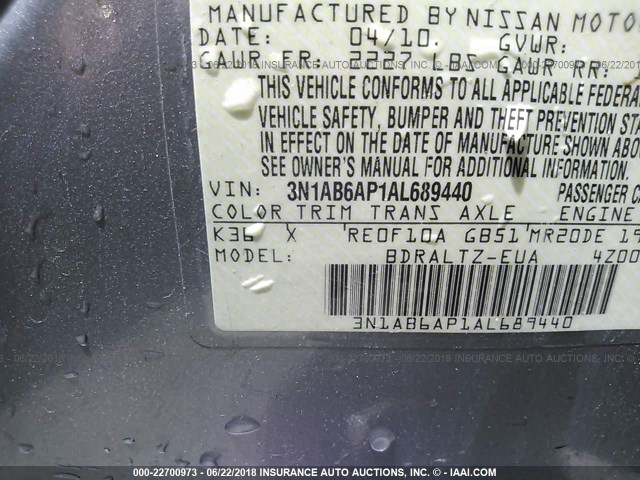 3N1AB6AP1AL689440 - 2010 NISSAN SENTRA 2.0/2.0S/SR/2.0SL SILVER photo 9