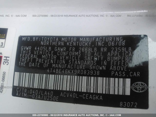 4T4BE46KX9R083938 - 2009 TOYOTA CAMRY SE/LE/XLE 白色 照片 9