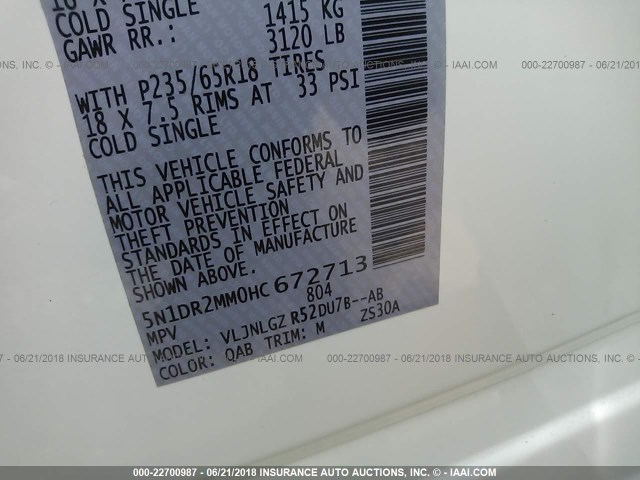 5N1DR2MM0HC672713 - 2017 NISSAN PATHFINDER S/SV/SL/PLATINUM WHITE photo 9