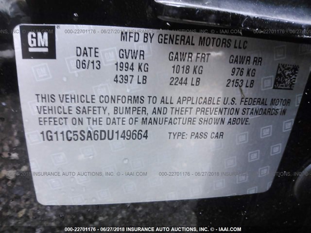 1G11C5SA6DU149664 - 2013 CHEVROLET MALIBU 1LT 黑色 照片 9