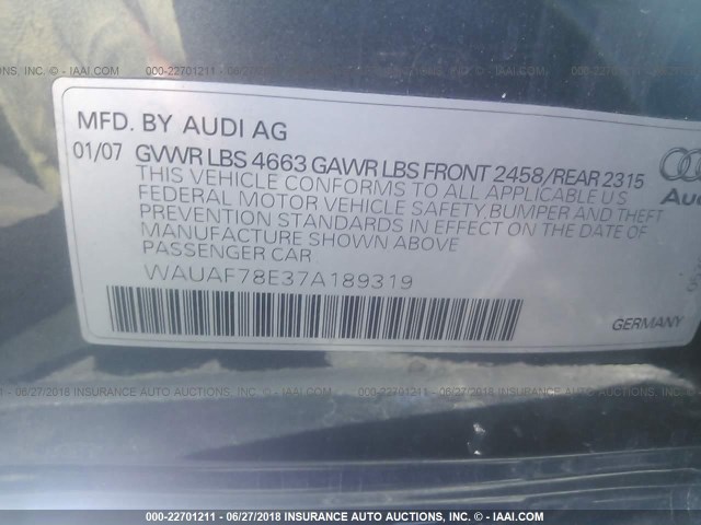 WAUAF78E37A189319 - 2007 AUDI A4 2/TURBO GRAY photo 9