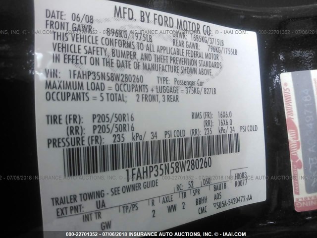 1FAHP35N58W280260 - 2008 FORD FOCUS SE/SEL/SES BLACK photo 9