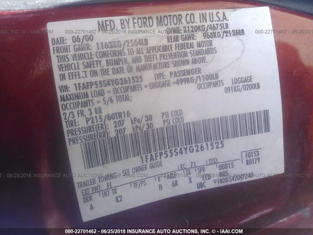 1FAFP55S4YG261525 - 2000 FORD TAURUS SES RED photo 9