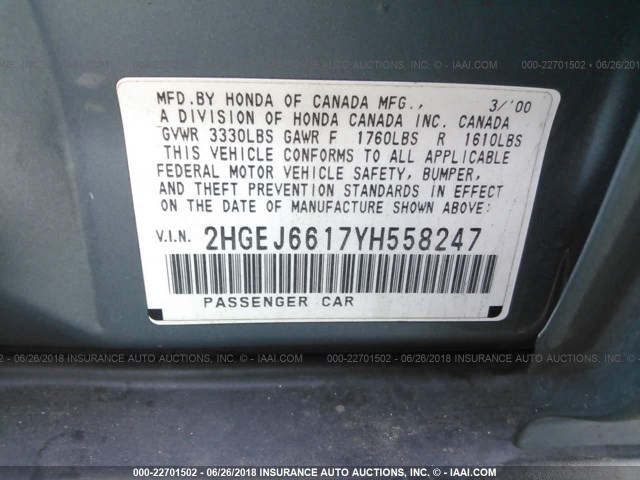 2HGEJ6617YH558247 - 2000 HONDA CIVIC SE BLUE photo 9