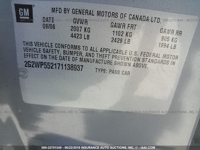 2G2WP552171138937 - 2007 PONTIAC GRAND PRIX GRAY photo 9