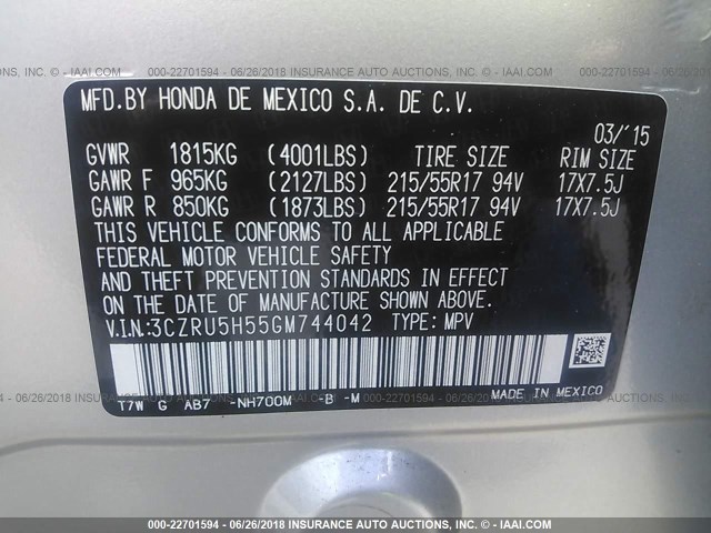 3CZRU5H55GM744042 - 2016 HONDA HR-V EX SILVER photo 9