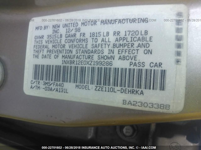 1NXBR12E0XZ199286 - 1999 TOYOTA COROLLA VE/CE/LE 棕色 照片 9