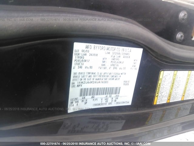 1FMZU64K24UA16303 - 2004 FORD EXPLORER EDDIE BAUER BLACK photo 9