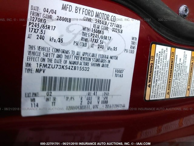 1FMZU73K54ZB15532 - 2004 FORD EXPLORER XLT/XLT SPORT/NBX 红色 照片 9