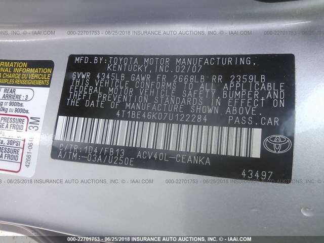 4T1BE46K07U122284 - 2007 TOYOTA CAMRY NEW GENERATION CE/LE/XLE/SE SILVER photo 9