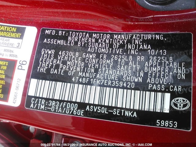 4T4BF1FK7ER359420 - 2014 TOYOTA CAMRY L/SE/LE/XLE 红色 照片 9