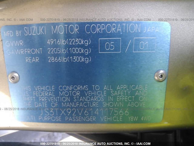 JS3TX92V614117566 - 2001 SUZUKI GRAND VITARA XL7 TOURING/XL7 LIMITED GOLD photo 9