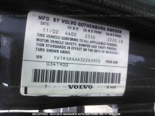 YV1RS64A632262972 - 2003 VOLVO S60 Pewter photo 9
