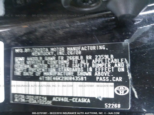 4T1BE46K29U843581 - 2009 TOYOTA CAMRY SE/LE/XLE BLACK photo 9