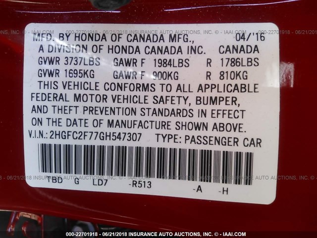 2HGFC2F77GH547307 - 2016 HONDA CIVIC EX წითელი ფოტო 9