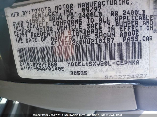 4T1BG22K0WU210187 - 1998 TOYOTA CAMRY CE/LE/XLE 绿色 照片 9