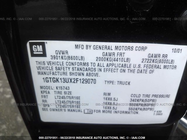 1GTGK13UX2F129070 - 2002 GMC SIERRA K1500 HEAVY DUTY BLACK photo 9