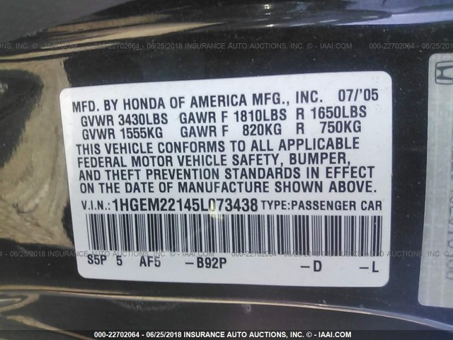 1HGEM22145L073438 - 2005 HONDA CIVIC DX VP BLACK photo 9