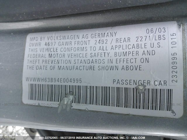 WVWWH63B94E004995 - 2004 VOLKSWAGEN PASSAT GLX 灰色 照片 9