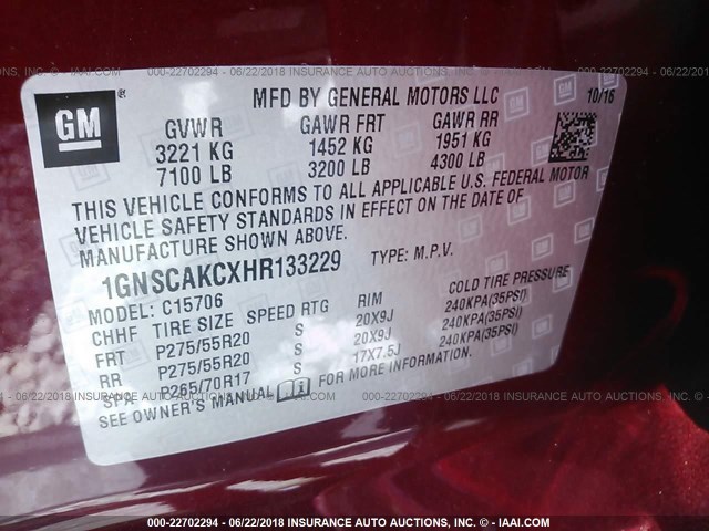 1GNSCAKCXHR133229 - 2017 CHEVROLET TAHOE C1500  LS BURGUNDY photo 9