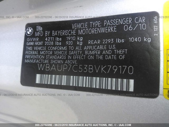 WBAUP7C53BVK79170 - 2011 BMW 128 I SILVER photo 9