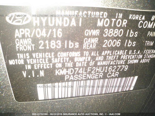 KMHD74LF2HU162779 - 2017 HYUNDAI ELANTRA SE GRAY photo 9