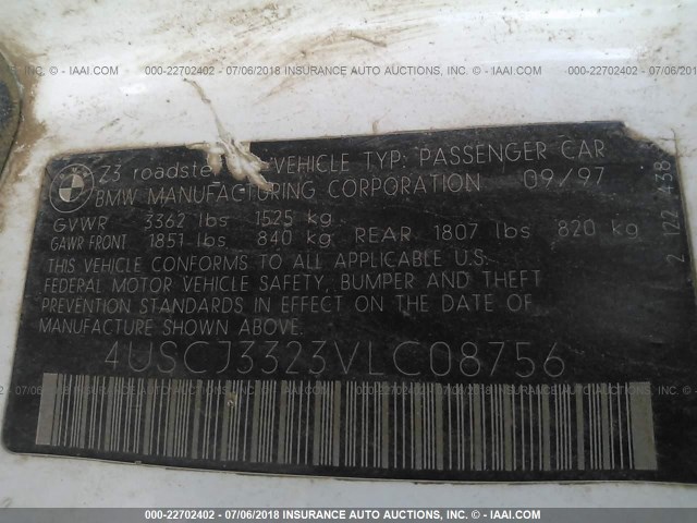 4USCJ3323VLC08756 - 1997 BMW Z3 2.8 WHITE photo 9