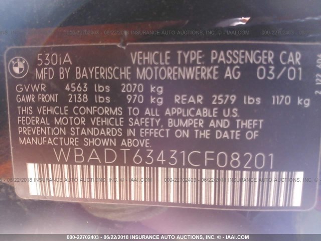 WBADT63431CF08201 - 2001 BMW 530 I AUTOMATIC BLACK photo 9