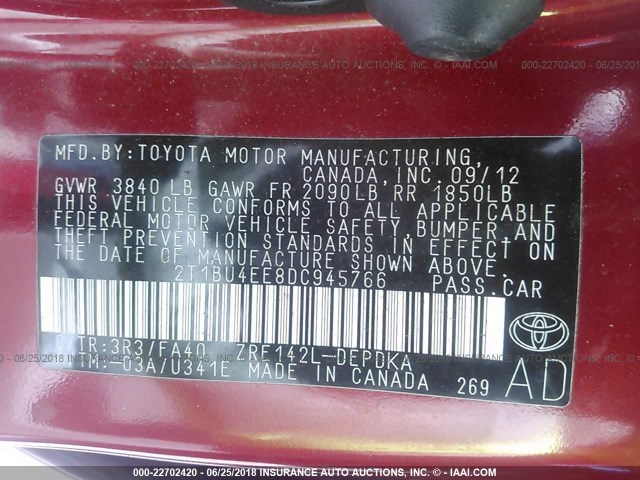 2T1BU4EE8DC945766 - 2013 TOYOTA COROLLA S/LE RED photo 9
