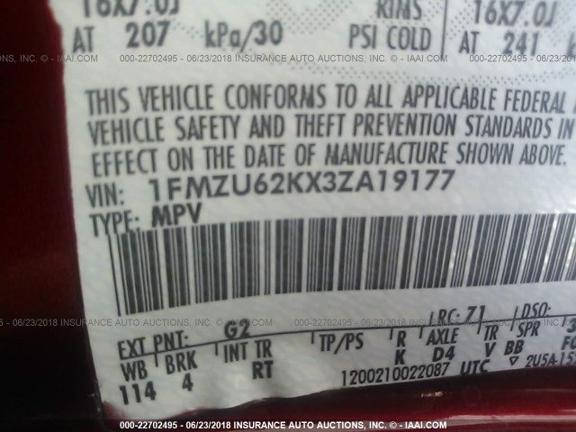 1FMZU62KX3ZA19177 - 2003 FORD EXPLORER XLS/XLS SPORT 栗色 照片 9