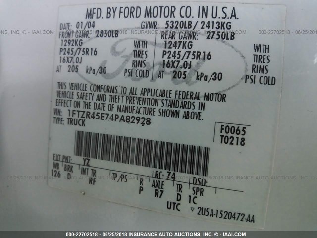 1FTZR45E74PA82928 - 2004 FORD RANGER SUPER CAB WHITE photo 9