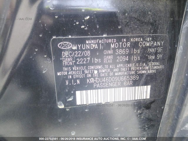 KMHDU46D09U665389 - 2009 HYUNDAI ELANTRA GLS/SE BLACK photo 9