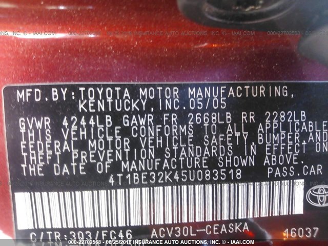 4T1BE32K45U083518 - 2005 TOYOTA CAMRY LE/XLE/SE წითელი ფოტო 9